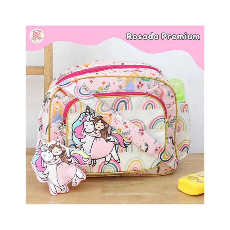 Rosada Princess Trendy Sling Diaper Bag for Baby Mom | Outing Travel Lightweight Waterproof Washable Spacious Zip Compartments and Shoulder Sling with Hanging Soft Toy  Standard