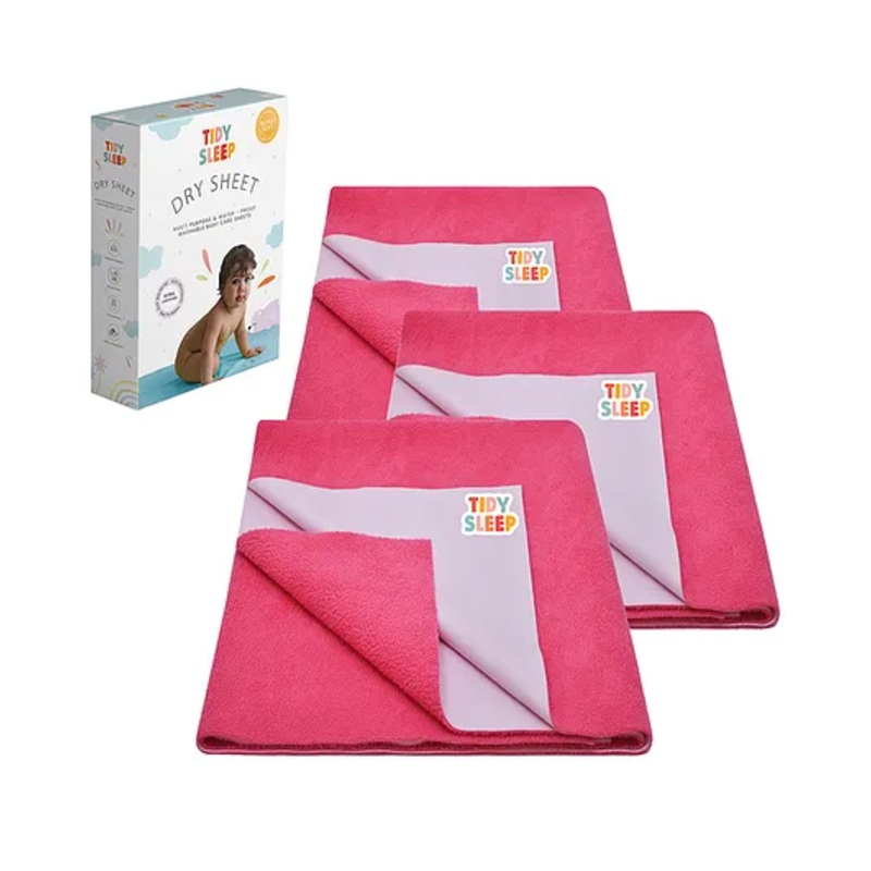 TIDY SLEEP Waterproof Baby Bed Protector Dry Sheet For New Born Babies- Hot Pink  Pack of 3 (Large)