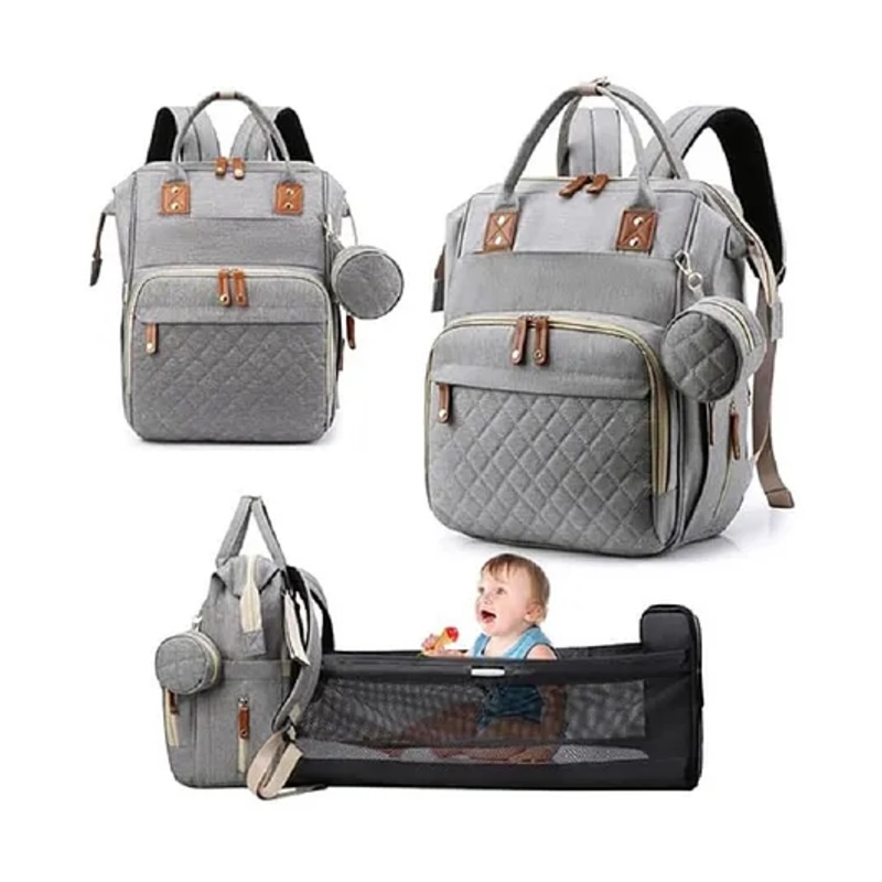 Winnies Diaper Bag With Changing Station | Mummy Bag With Bassinet | Bed Changing Backpack-Grey