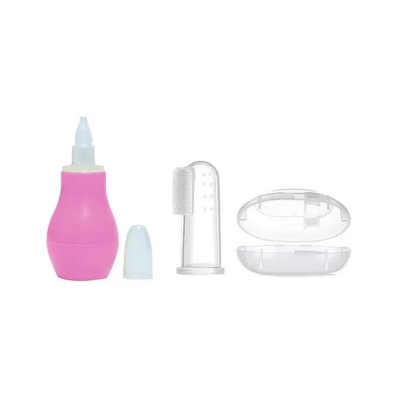 Baby Miniature Silicone Pink Nose Cleaner Nasal Aspirator and Baby Silicone Finger Toothbrush with case for Babies