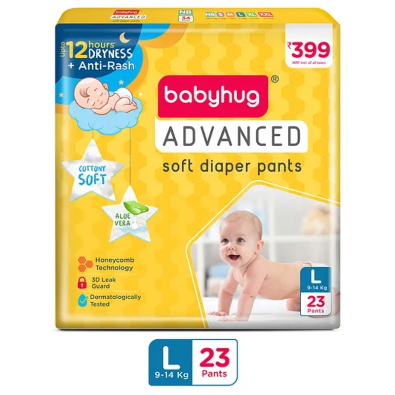 Babyhug Advanced Pant Style Diapers Large (L) Size - 23 Pieces, Honeycomb Technology, Cottony Soft Diaper with 3D Leak Guard, Latex & Alcohol Free, Anti-rash & Gentle
