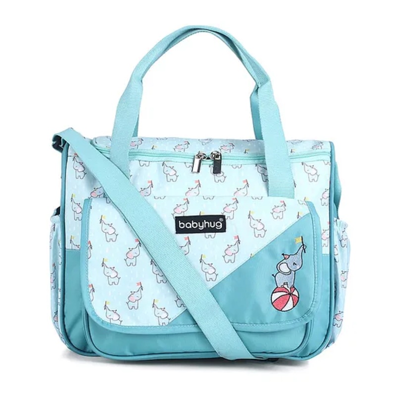 Babyhug Multipurpose Diaper Sling Bag Elephant Print - Light Blue| Adjustable Shoulder Strap| Insulated Bottle Pouches| Water Resistant| Carry Handle