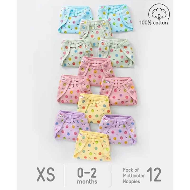 Babyhug Muslin Cotton Dyed Printed Cloth Nappies Extra Small Set of 12 - Multicolour