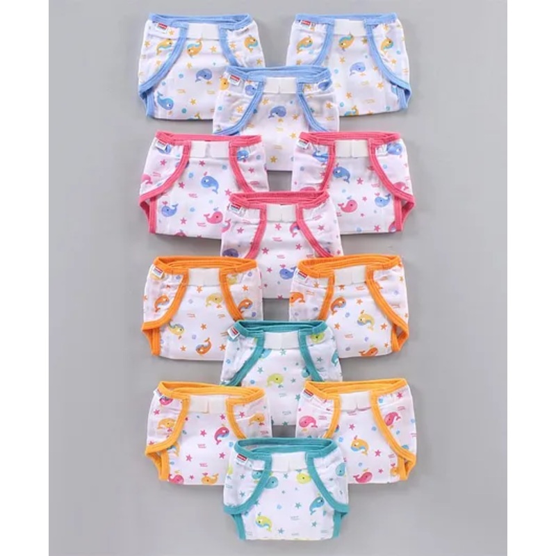 Babyhug Muslin Cotton Reusable Velcro Printed Cloth Nappies Small Set of 12 - Multicolor
