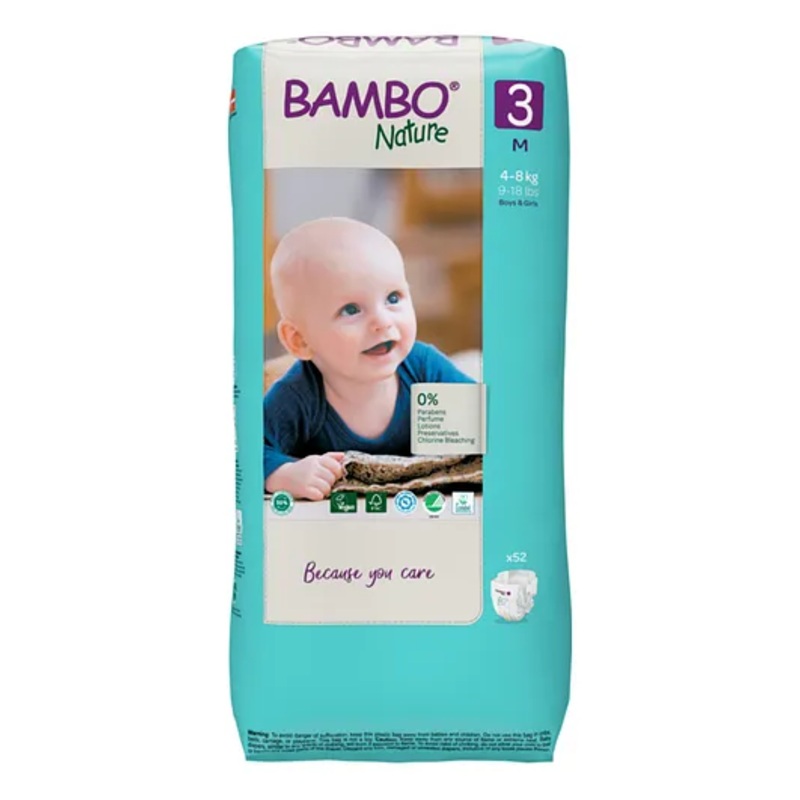 Bambo Nature Medium Size Tape Diapers with Wetness Indicator - 52 Pieces
