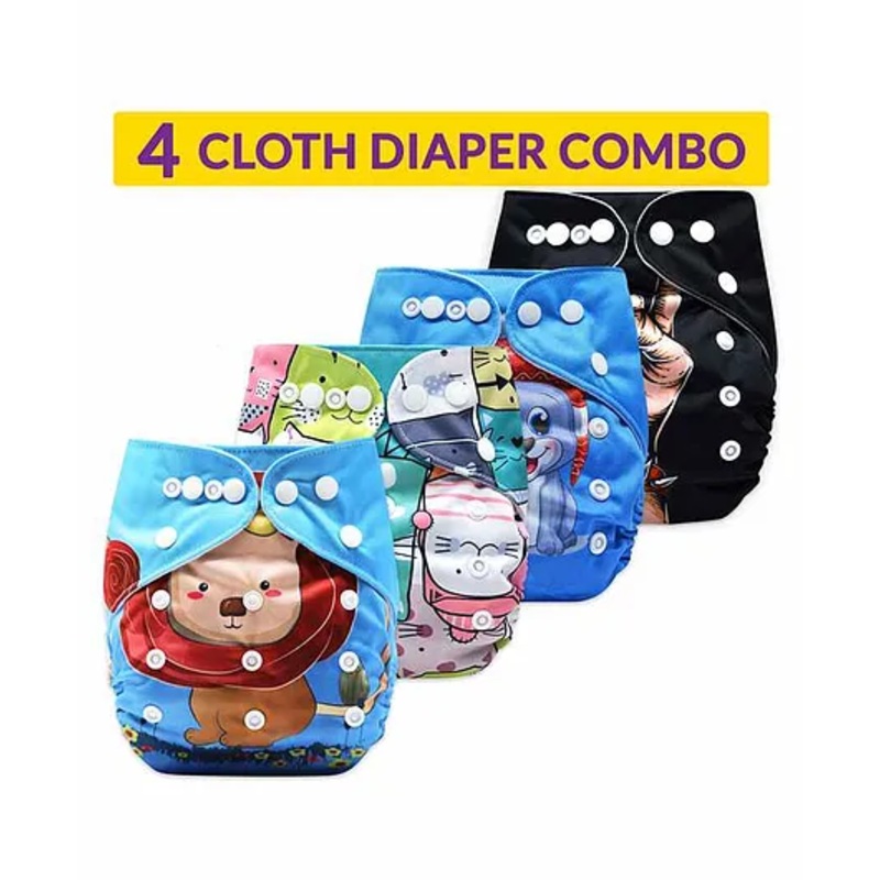 Bembika Reusable Printed Cloth Diapers Pack of 4 - Blue Black