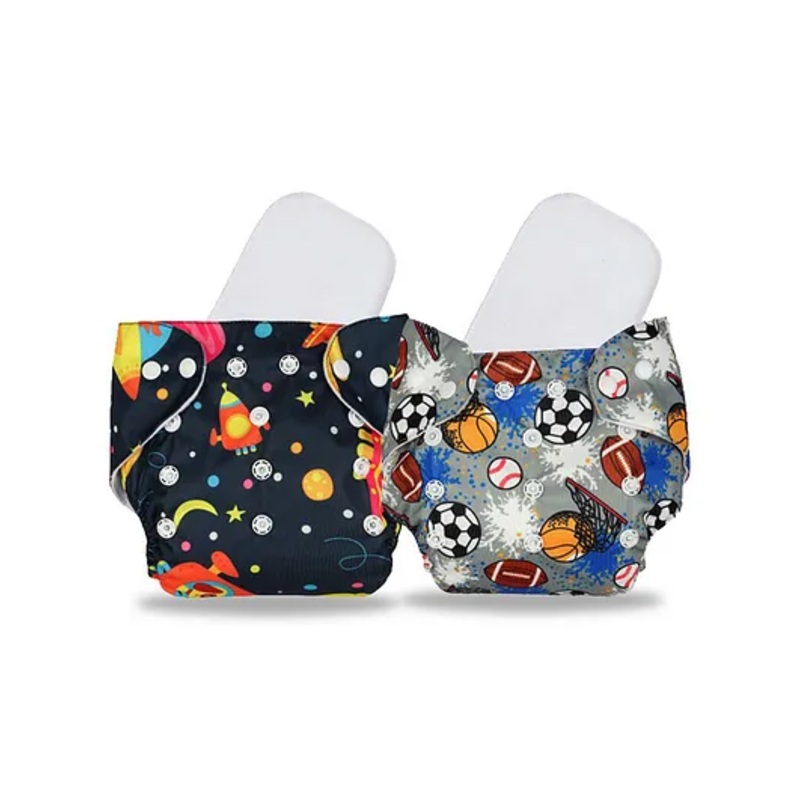 Chinmay Kids Cloth Diaper Cute Prints Freesize Reusable Washable Adjustable Snap Buttons Cloth Diaper For Babies With Wet Free Insert Pads Leak Proof & Dry Feel Pack of 2 - Dark Blue & Grey