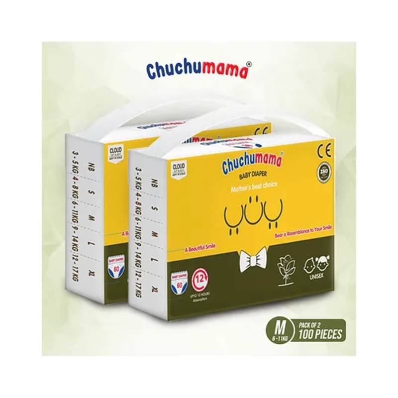 Chuchumama Taped Style (VELCRO) Baby Diaper, Medium (M) Size, 6 - 12 kg, Combo Pack of 2, 50 count Per Pack, 100 count