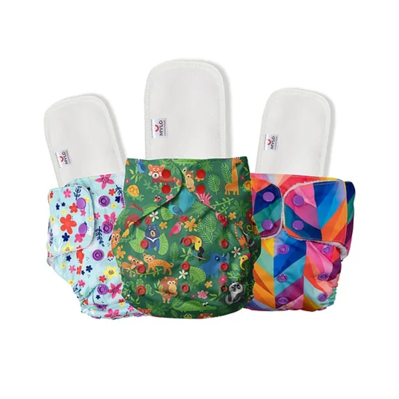 Mylo Baby  Freesize Adjustable Cloth Diapers with 3 Free Insert Oeko Tex Certified Pack of 3 - Jungle Rainbow Floral Spring Multicolour