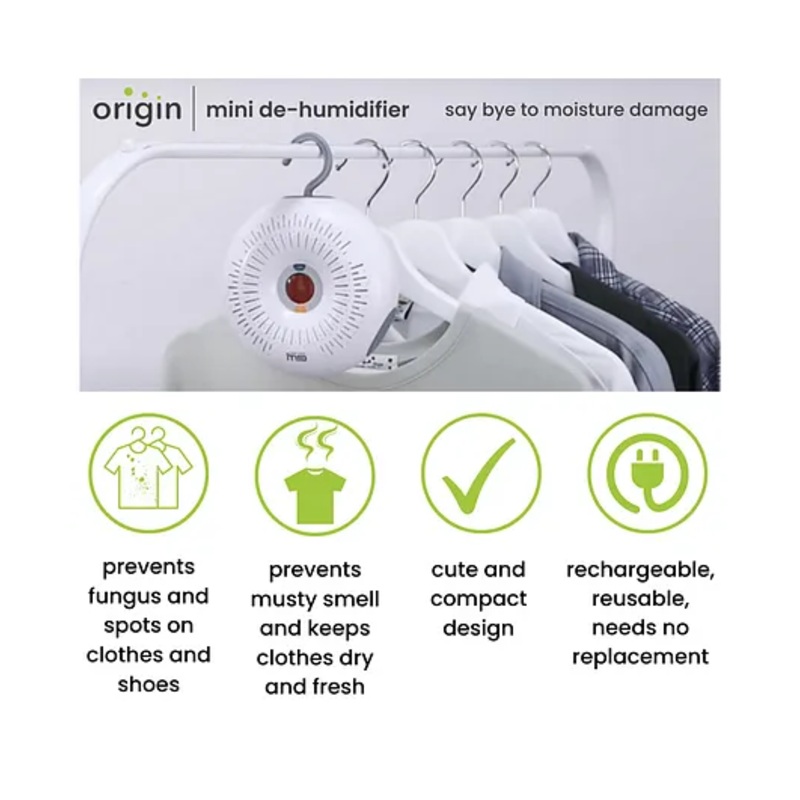 Origin De humidifiers Moisture Absorber + Mini Dehumidifier 68 Watts , 200 ml With Natural Silica Gel - White