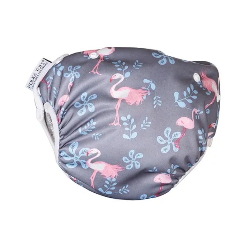 Polka Tots Reusable and Washable Baby Swim Diaper Costume With Size Adjustable Flamingo Design for 2 to 12 Months Kids - Grey