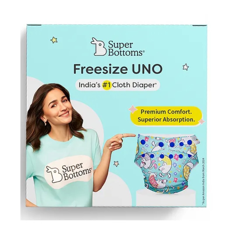 SuperBottoms Freesize UNO Cloth Diaper (3M - 3Y) Reusable with 1 Dry Feel Pad, Absorbs 4-5 Pees - Paw-sitively Happy