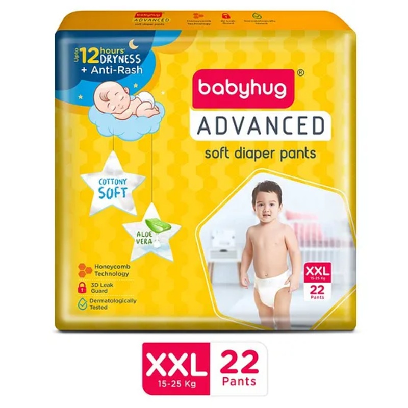 Babyhug Advanced Pant Style Diapers XXL - 22 Pieces, Honeycomb Technology, Cottony Soft Diaper with 3D Leak Guard, Latex & Alcohol Free, Anti-rash & Gentle