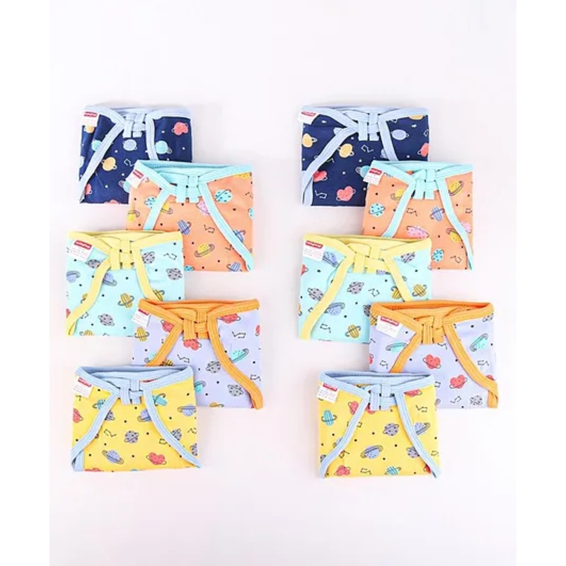 Babyhug Interlock Dyed U Shape Cloth Nappies Solar Print New Born Pack of 10-Multicolor