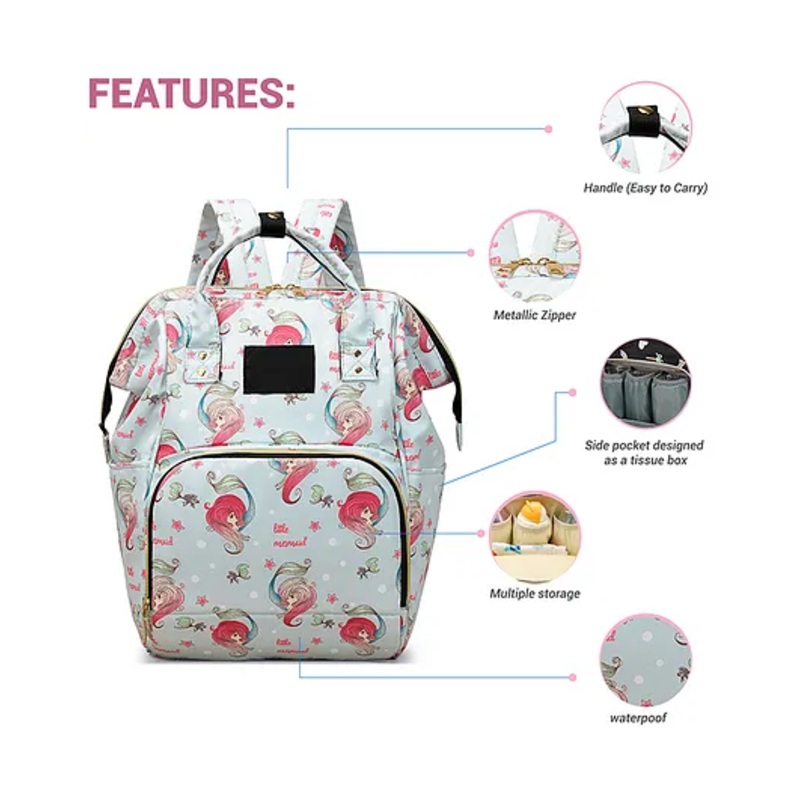 Babymoon Multifunction Backpack Style Maternity Mermaid Print Diaper Bag - Blue