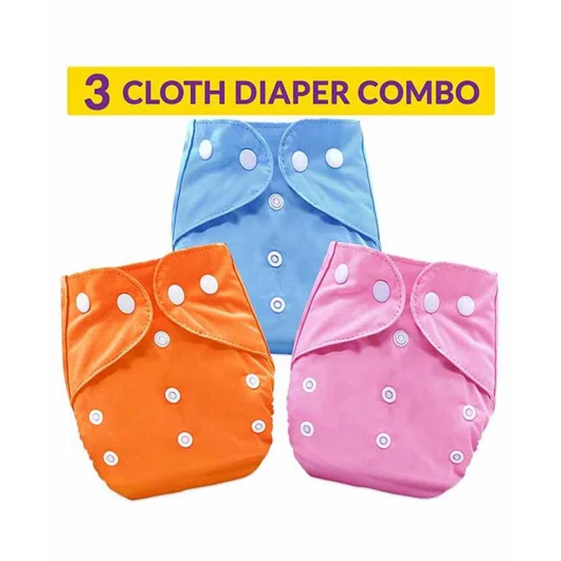 Bembika Washable & Reusable Solid Pocket Cloth Diapers Without Insert Pack of 3 - Orange Pink Blue
