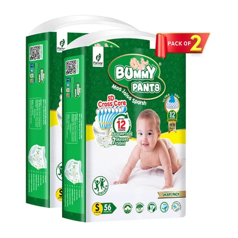 Bummy Pants  Super Dry Baby Diaper in Small size, 112 Count Diapers, 5D Core, Anti-Rash Layer, 12Hrs Protection, 4-8 kg - 112 Pieces