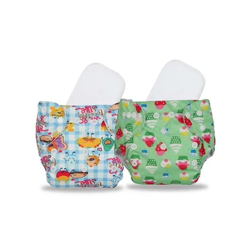 Chinmay Kids Cloth Diaper Cute Prints Freesize Reusable Washable Adjustable Snap Buttons Cloth Diaper For Babies With Wet Free Insert Pads Leak Proof & Dry Feel Pack of 2 - Sky Blue & Green