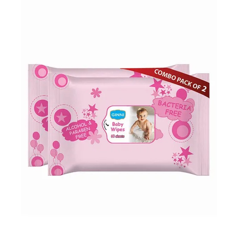 GINNI Baby Wipes Cleansing Wipes With Aloe Vera & Jojoba Oil - 60 Wipes per Pack (Pack of 2)