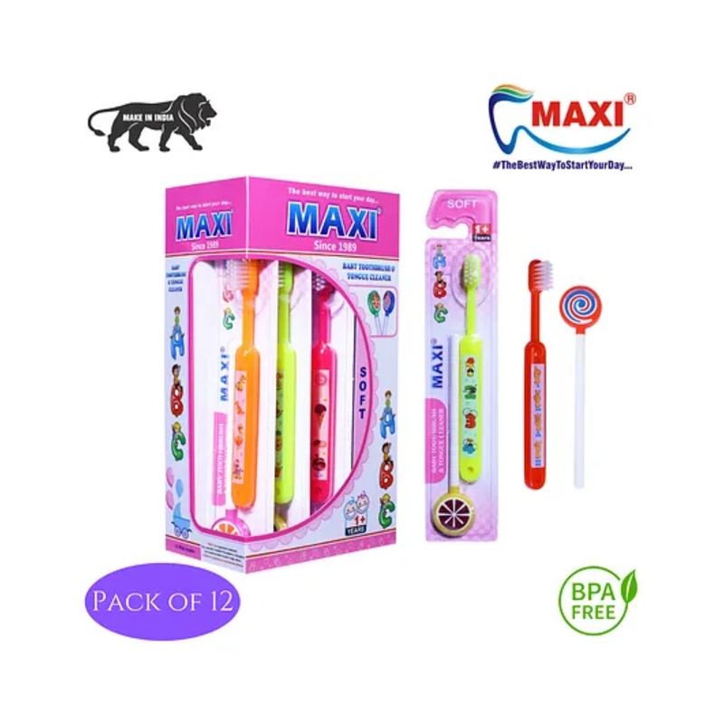 MAXI ABC Baby Toothbrush and Tongue Cleaner-Oral Hygiene Kit Pack of 12 - Multicolour