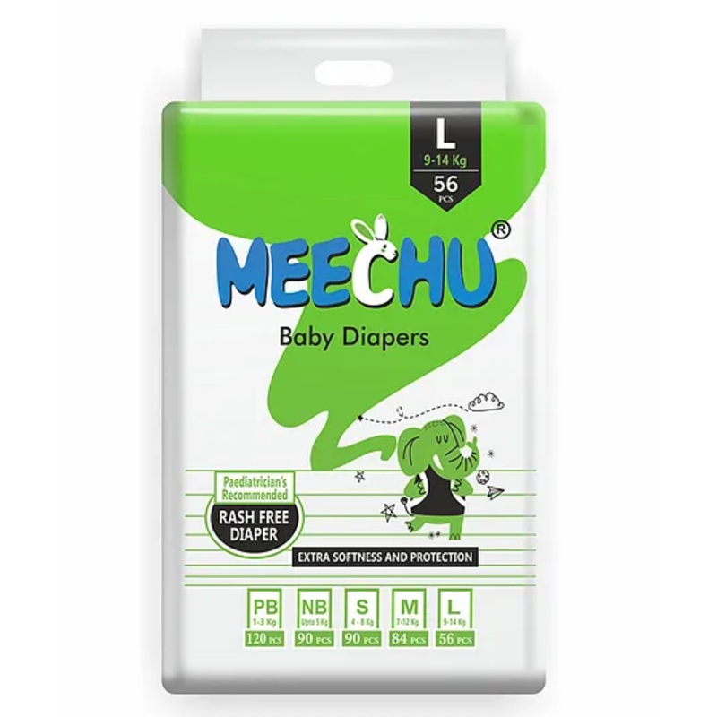 Meechu Baby Tape Style Diapers Super Saver Jumbo Pack Large - 56 Pieces