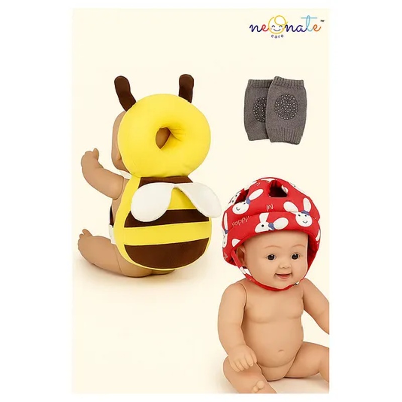 NeonateCare Baby safety Combo of Baby Helmet and Baby Head Protector Cushion Backpack with knee pads (Red Smiley Helmet + Yellow Head protector + knee pads) (pack of 3)