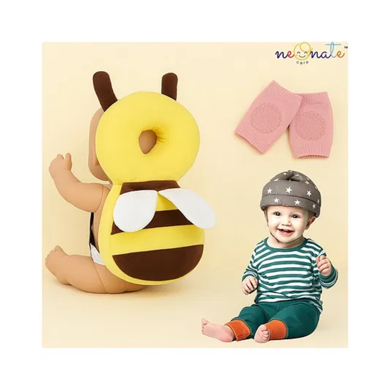 NeonateCare safety combo of Baby Helmet Head Protector and knee pads (Grey star helmet Yellow Head protector and multicolor knee pads) - Multi