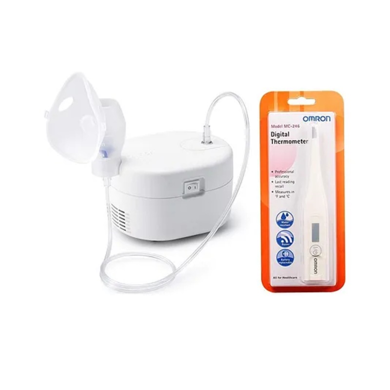 Omron NE C106 Ultra Compact & Low Noise Compressor Nebuliser & MC 246 Digital Thermometer Combo - White