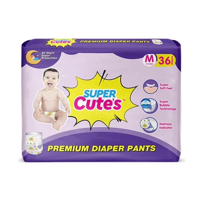 Super Cute's Premium Diaper Pants Medium Size With Wetness Indicator Bubble Technology & Overnight Leakage Protection Super Soft Diapers with Perfect Fit - 36 Pieces