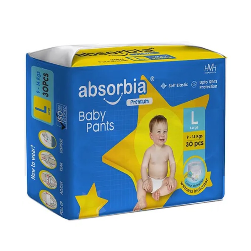 ABSORBIA Premium Baby diaper Pants | Large | 9-14 Kg - L (30 Pieces)