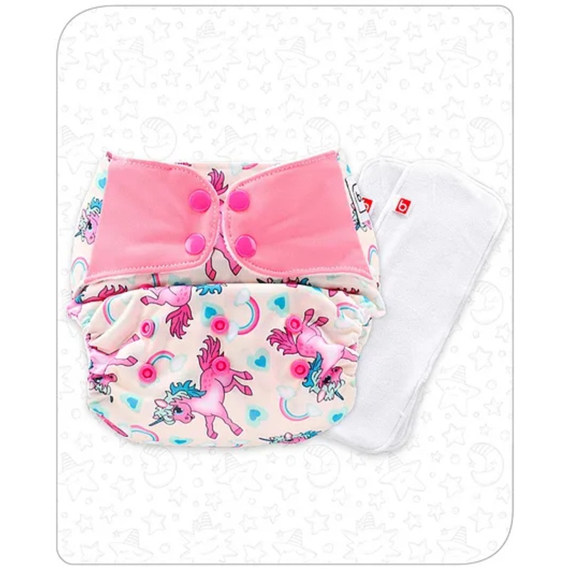 Babyhug Free Size Reusable Contrast Flap Closure Cloth Nappies With 2 SmartDry Inserts Unicorn Print - White Pink