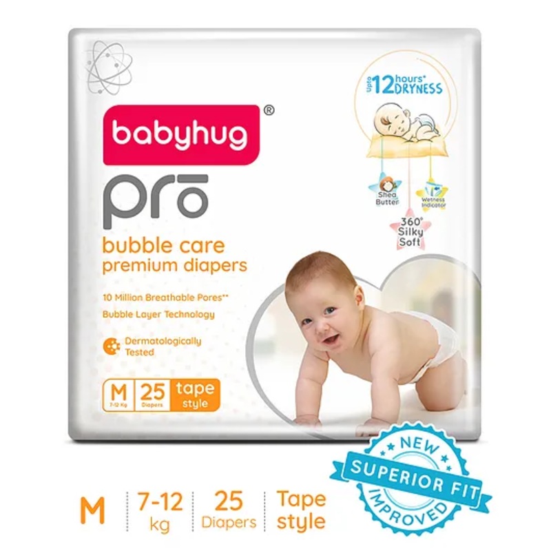 Babyhug Pro Bubble Care Premium Tape Style Diaper Medium - 25 Pieces - New & Improved Superior Fit