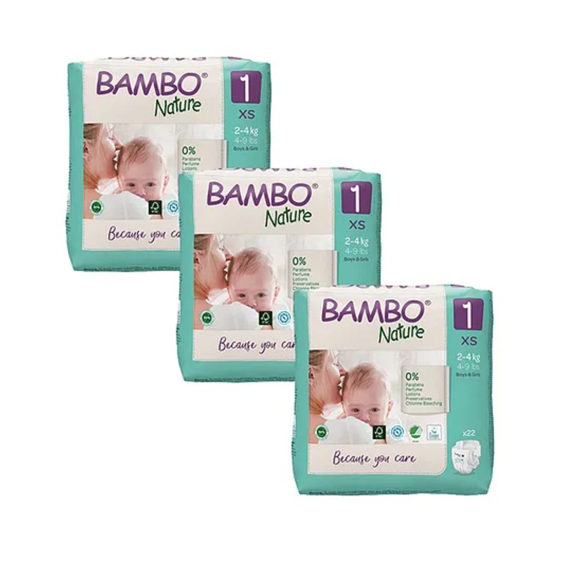 Bambo Nature Eco Friendly Tape Diapers with Wetness Indicator XS Size Pack Of 3 - 66 Pieces