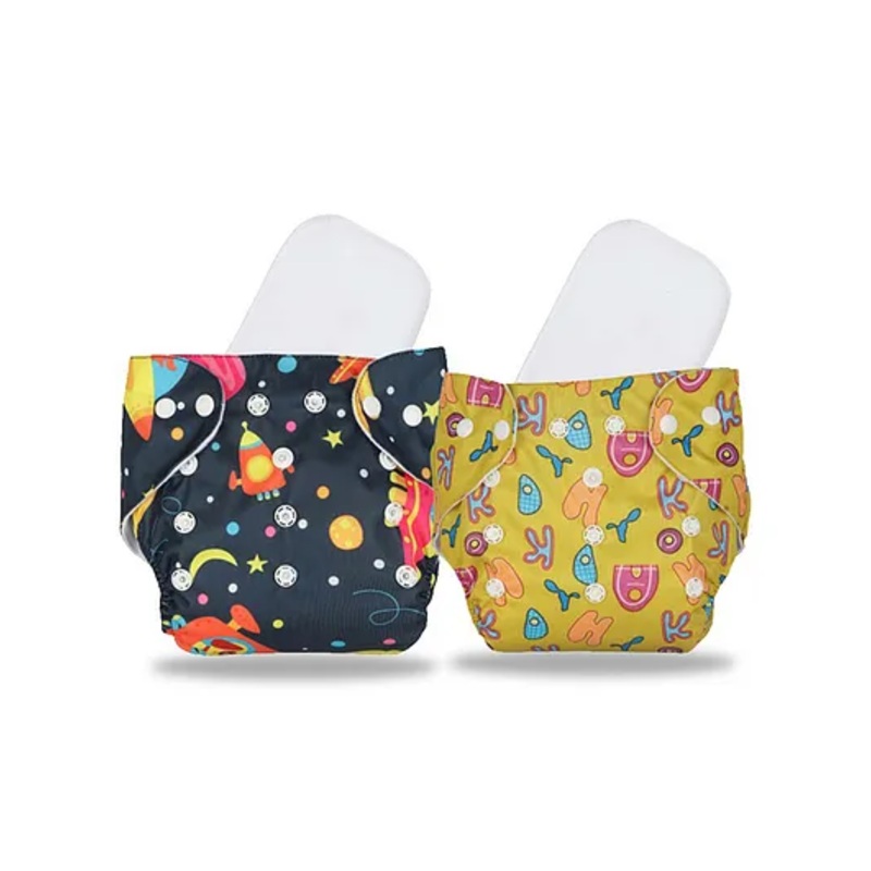 Chinmay Kids Cloth Diaper Cute Prints Freesize Reusable Washable Adjustable Snap Buttons Cloth Diaper For Babies With Wet Free Insert Pads Leak Proof & Dry Feel Pack of 2 - Dark Blue & Yellow