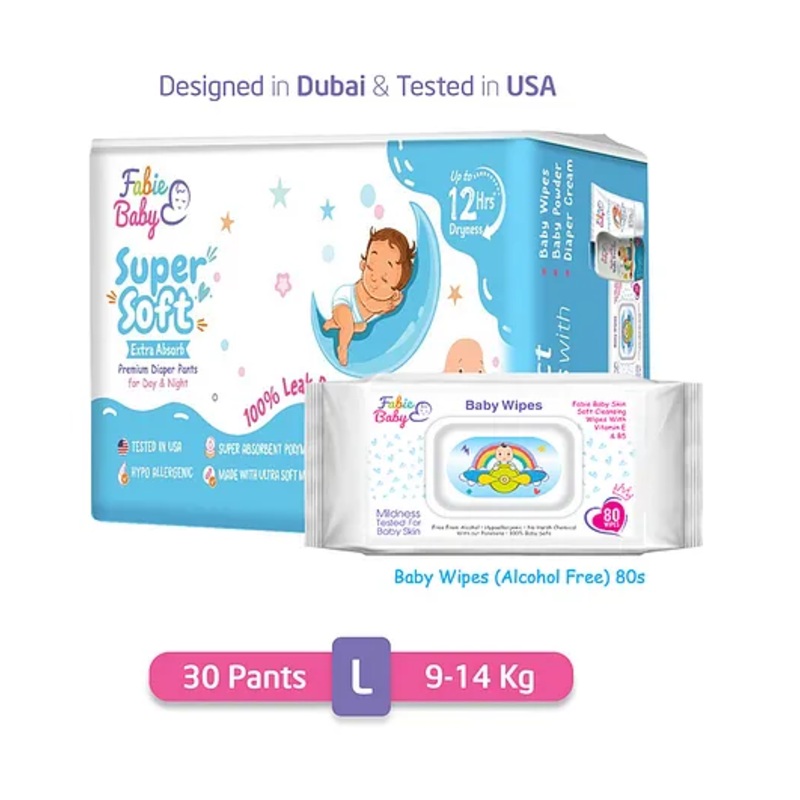 Fabie Baby Premium 12 Hrs Protection Diaper Pants Large (30Pcs) & Baby Wipes (72Pcs) Combo - Pack of 2