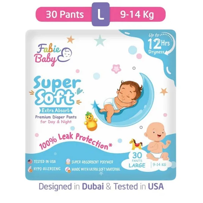 Fabie Baby Premium Diapers Large Size 12 Hours Absorption Anti Rash diapers & Tested In USA (30Pcs)