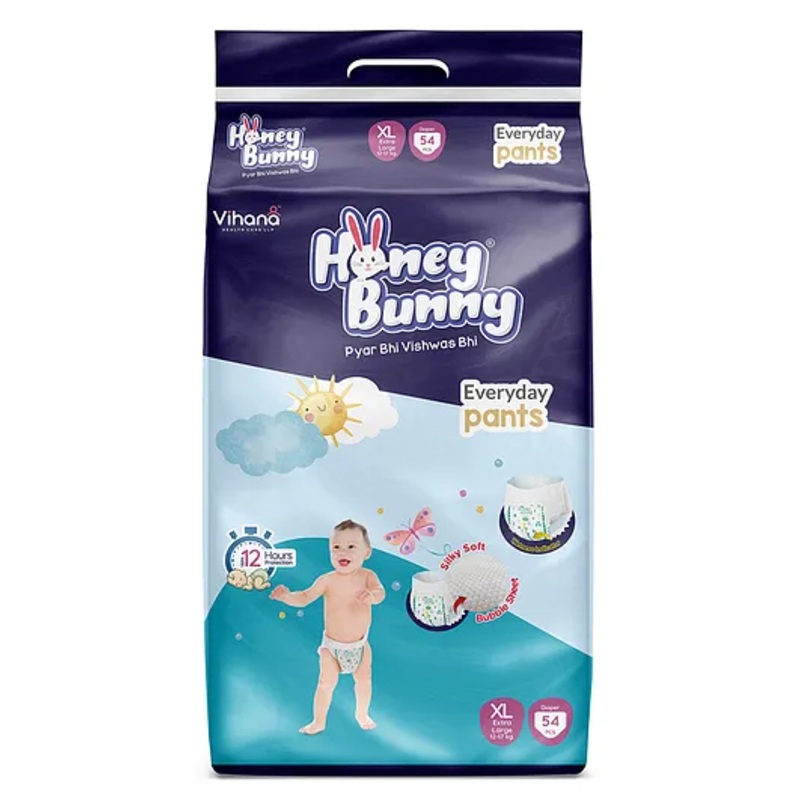 Honey Bunny Everyday Baby Pants Diapers with Silky Soft - Bubble sheet,Wetness Indicator, Extra large -(54 pcs) - (XL, 54)