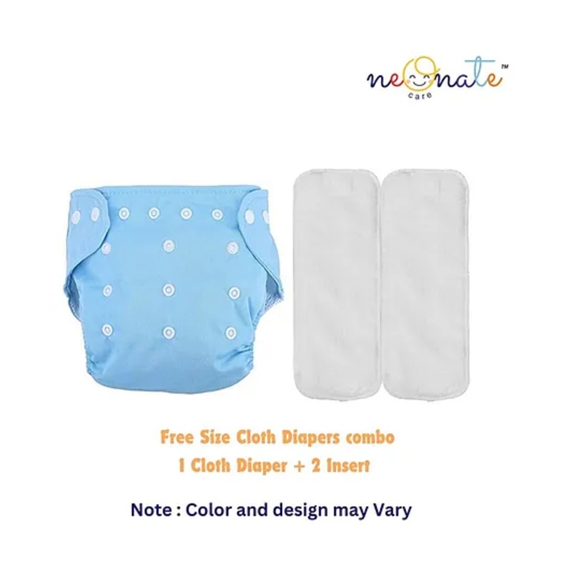 NeonateCare Pack of 1 Pocket Button Style Baby Reusable Cloth Diaper Adjustable With 2 Bamboo Charcoal Inserts Pad - Blue