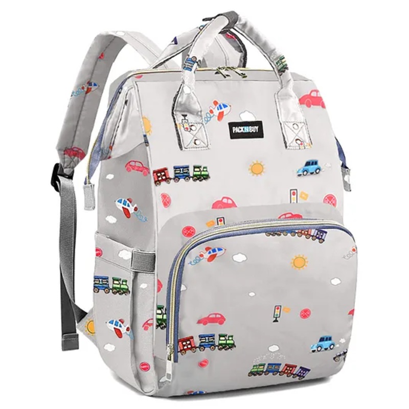 PACKNBUY Diaper Bag Backpack Car Print Baby Bag with Multiple Pockets for Travel - Grey
