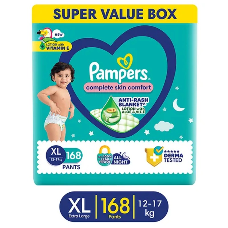 Pampers Complete Skin Comfort Pants, Anti-rash blanket, Lotion with Vitamin E & Aloe Vera,  Extra Large size baby Diapers, (XL) 168 Count, 12-17 kg