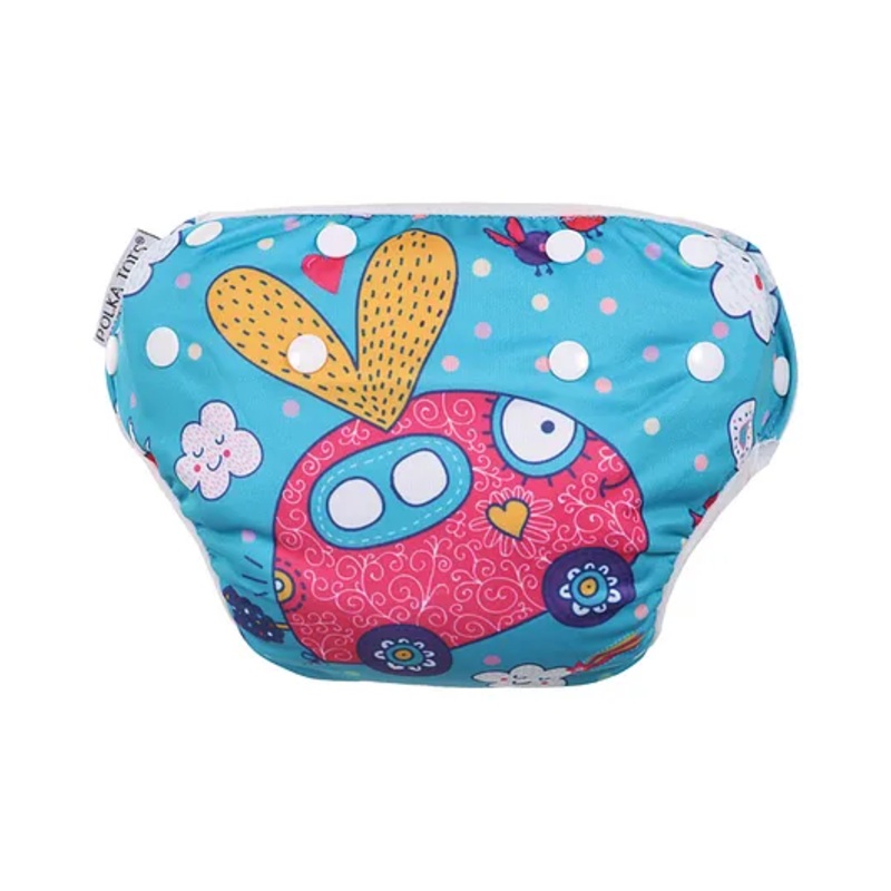 Polka Tots Reusable and Washable Baby Swim Diaper Costume With Size Adjustable Car Design for 2 to 12 Months Kids - Blue