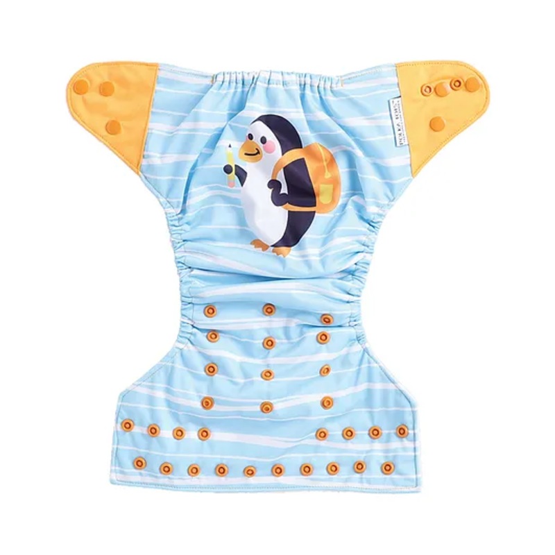 Polka Tots Reusable Waterproof Fleece Cloth Diaper For 2 Months - 2 Years With 1 Liner 3 Layers  Adjustable Snap Buttons Free Size Boys & Girls (Penguin Print)