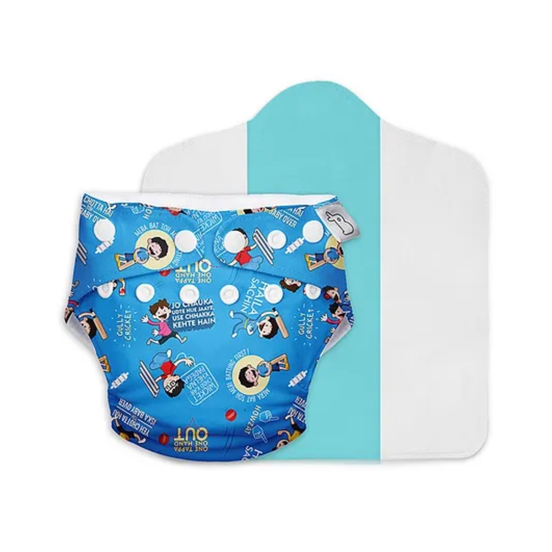SuperBottoms Freesize UNO Cloth Diaper (3M - 3Y) Reusable with 1 Dry Feel Pad, Absorbs 4-5 Pees - Gully Cricket