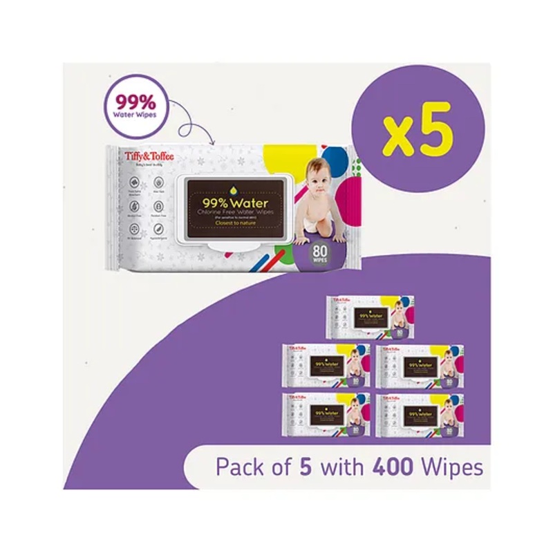 Tiffy & Toffee Premium Baby Skincare Wet Wipes With Aloe Vera Pack of 5 - 80 Pieces Each