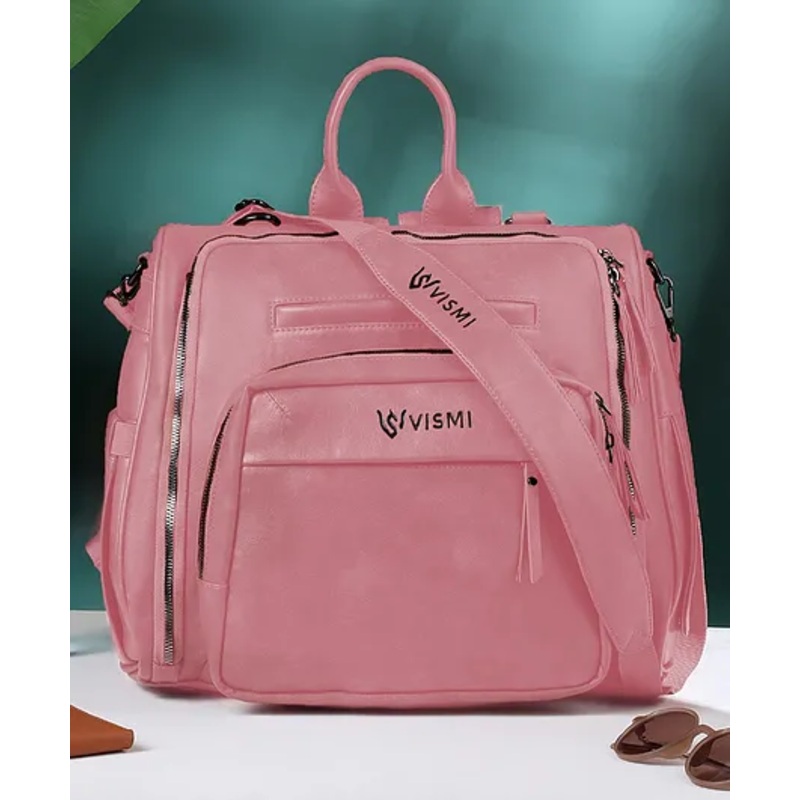 VISMIINTREND Diaper Backpack Bags for Women & Baby Solid Vegan Leather Multi- Compartment Maternity Backpack Travel, Hospital Visit Baby Diaper Bags with Detachable Strap, Trolley Sleeve - Blush Pink