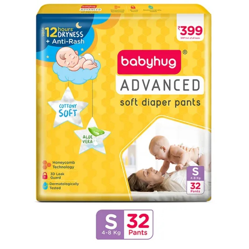 Babyhug Advanced Pant Style Diaper Small - 32 Pieces, Honeycomb Technology, Cottony Soft Diaper with 3D Leak Guard, Latex & Alcohol Free, Anti-rash & Gentle