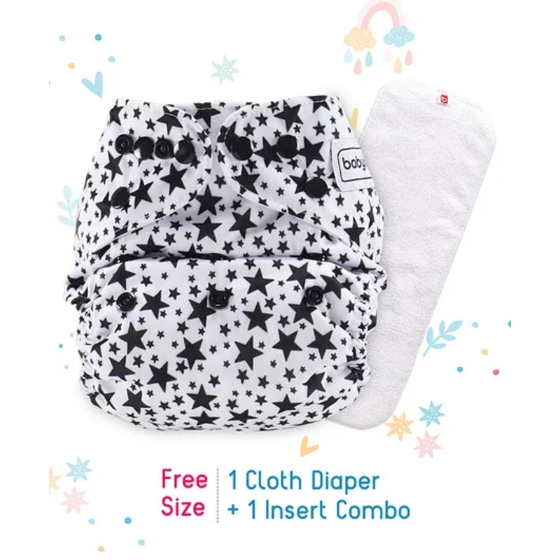 Babyhug Free Size Reusable Cloth Nappies With Insert Star Print - White Black