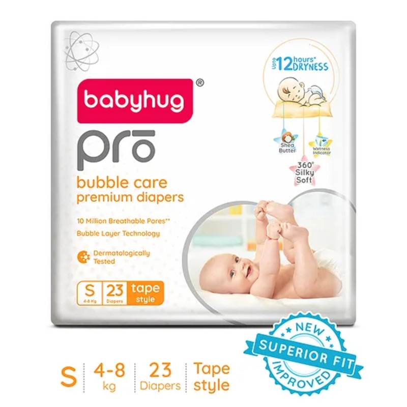 Babyhug Pro Bubble Care Premium Tape Style Diaper (S) Small - 23 Pieces - New & Improved Superior Fit