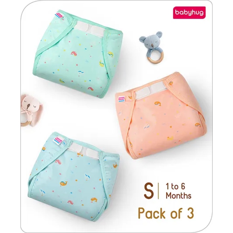 Babyhug Waterproof Both Side Plastic Nappy Small Size Set of 3 - Dolphin Print| Reusable| Easy to Clean and Maintain| Adjustable Velcro Closure