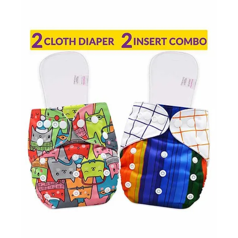 Bembika Reusable Cloth Diapers With Inserts Multi Print Pack of 2 - Multicolour